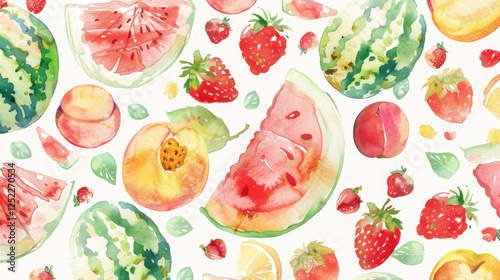 Colorful watercolor fruit pattern featuring watermelon, strawberries, and peaches, creating cheerful and vibrant design