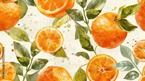 Playful watercolor citrus pattern featuring oranges and leaves, vibrant and fresh