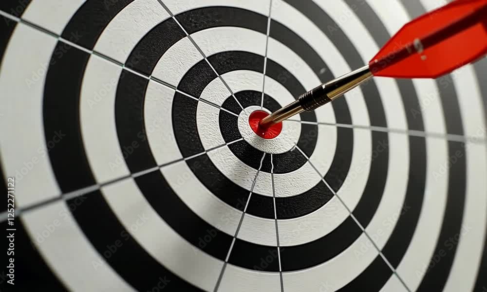 Close-up of a dart hitting the bullseye on a black and white target with concentric circles
