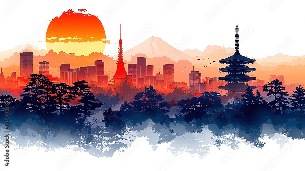 Obraz premium Tanabata: The Festival of Stars and Wishes on Bamboo Vibrant Sunset Over Tokyo Skyline with Mount Fuji Background