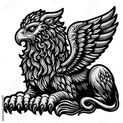 Griffin sketch engraving black and white outline. Scratch board imitation.  illustrated in vintage line art style on a white background.
