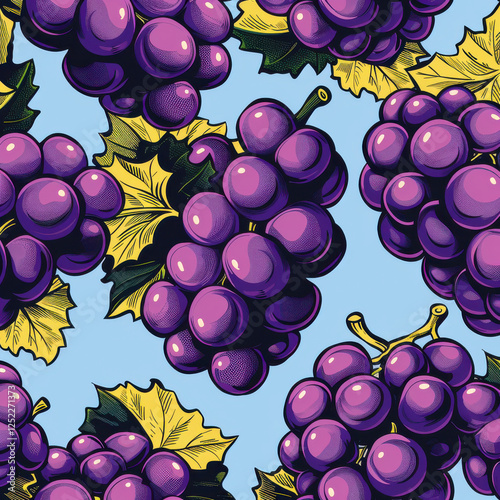 Bold grape pattern with oversized fruit and vibrant leaves on blue background. This pop art design adds playful touch to any space