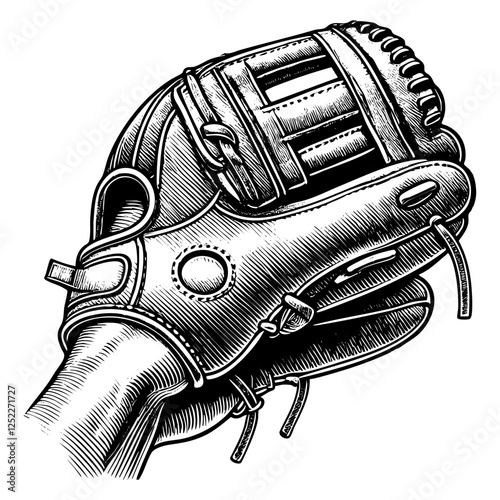 Baseball glove sketch engraving black and white outline. Scratch board imitation.  illustrated in vintage line art style on a white background.
