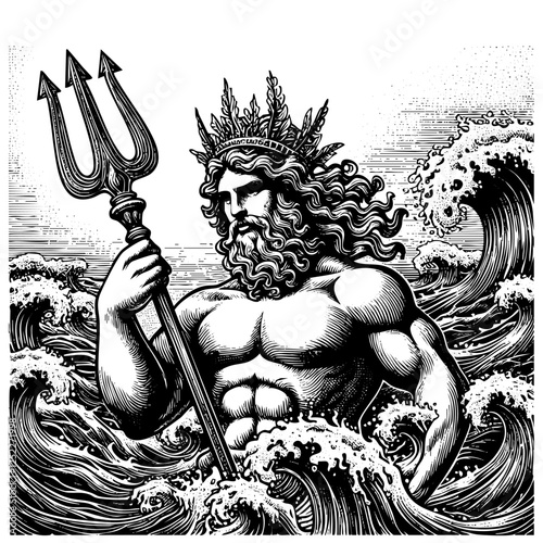 Poseidon holding trident sketch engraving black and white outline. Scratch board imitation.
