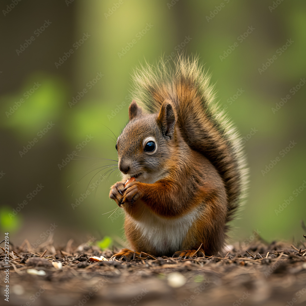 Cute red squirrel, Sciurus vulgaris, eating a nut in a green spring forest with copy space. Lovely wild animal with long ears and fluffy tail feeding in ... Cute red squirrel, Sciurus vulgaris, eating a nut in a green spring forest with copy space. Lovely wild animal with long ears and fluffy tail feeding in ...