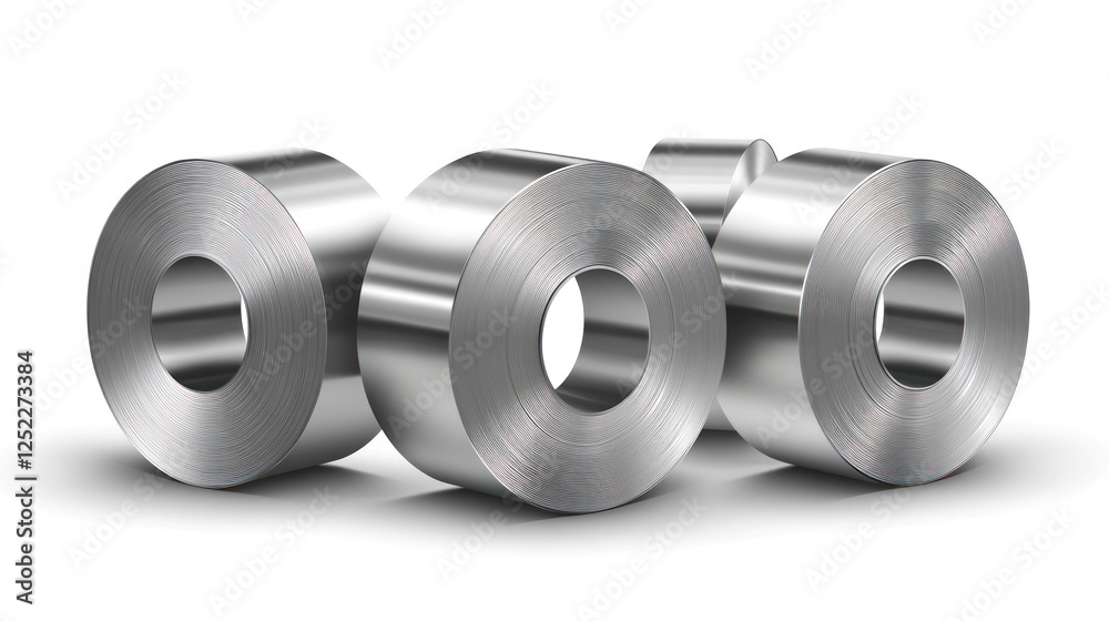 Four rolls of shiny steel coils isolated on white.