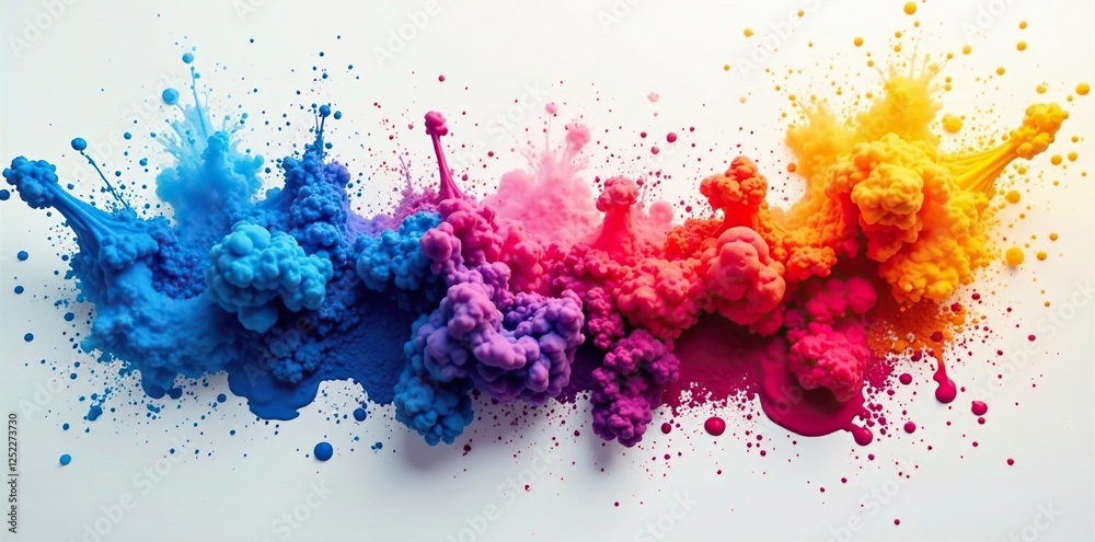 Fototapeta premium Multi colored ink splash with neon effect on white canvas, art, ink