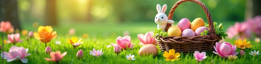Spring blooms and fresh flowers surround a decorated Easter basket filled with treats, , easter, garden Spring blooms and fresh flowers surround a decorated Easter basket filled with treats, , easter, garden