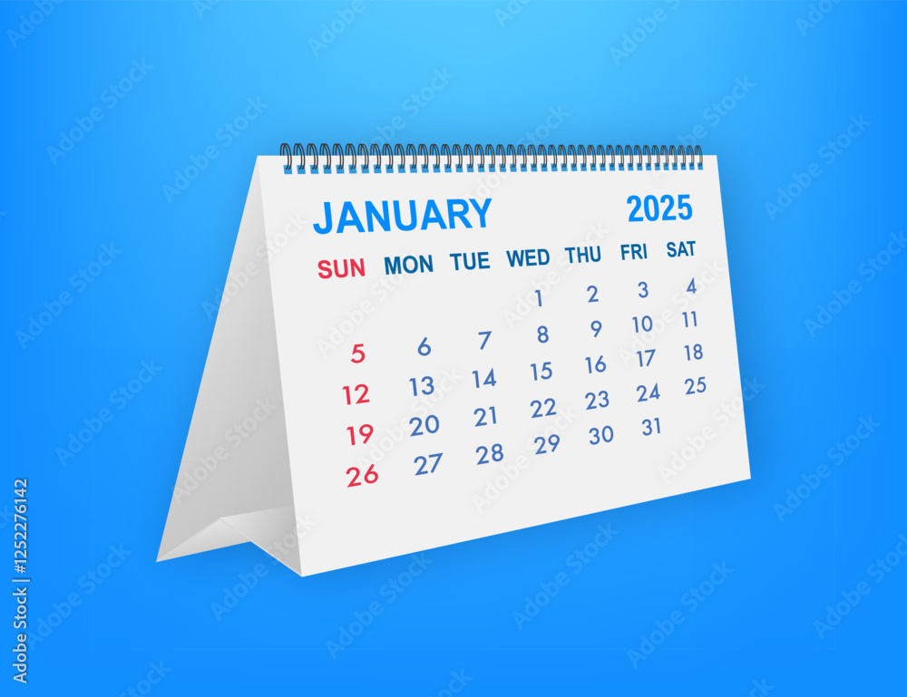 Desk calendar showing January 2025 month on blue background Desk calendar showing January 2025 month on blue background