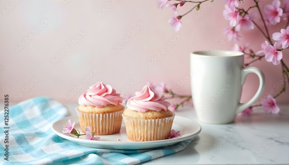 White plate featuring an assortment of pink-frosted cupcakes, a charming spring dessert option White plate featuring an assortment of pink-frosted cupcakes, a charming spring dessert option