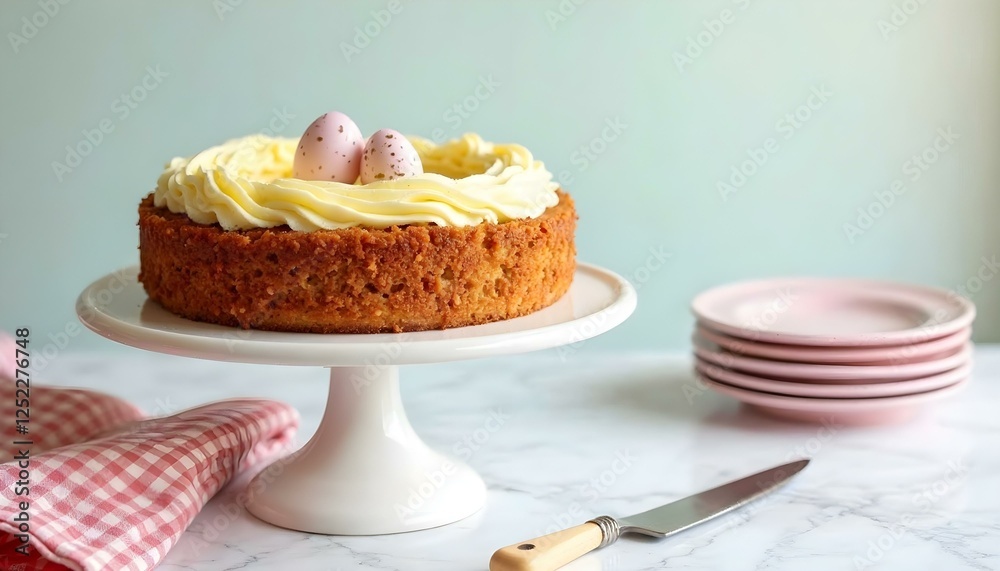 A spring-themed Easter Nest Torte showcasing yellow icing and decorative eggs, perfect for holiday gatherings A spring-themed Easter Nest Torte showcasing yellow icing and decorative eggs, perfect for holiday gatherings
