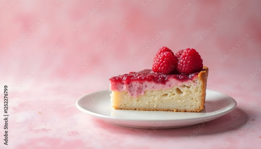 A vibrant slice of raspberry cake featuring fresh raspberries on top, a delightful spring dessert A vibrant slice of raspberry cake featuring fresh raspberries on top, a delightful spring dessert