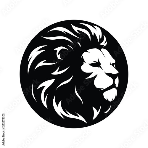 Lion head facing sideways inside black and white circle illustrator logo design