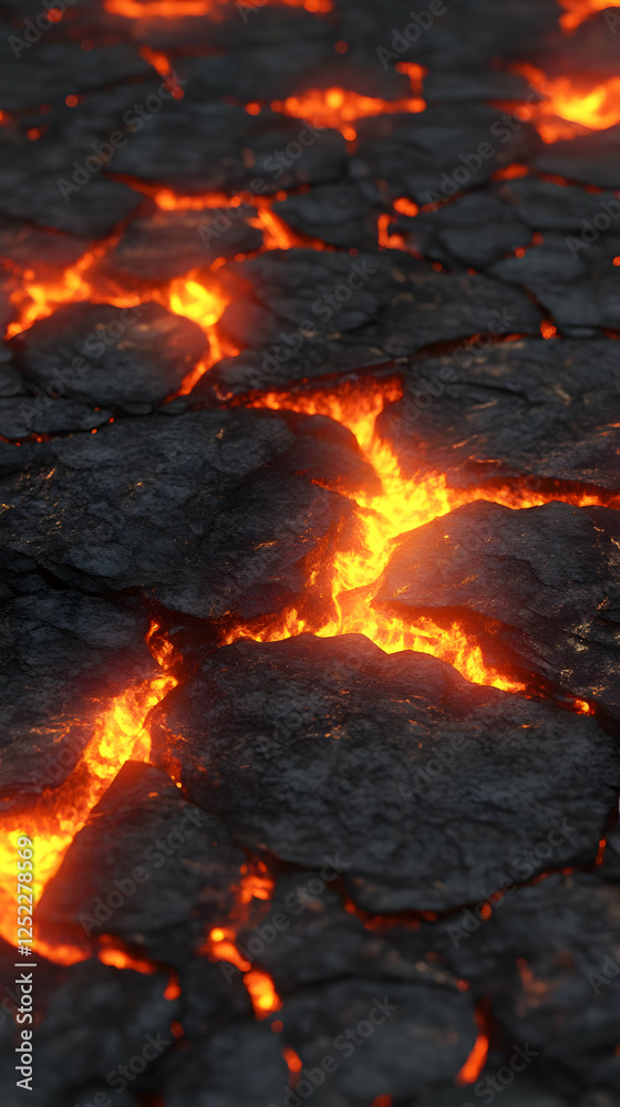 Molten lava flows through cracks, fiery background, volcanic texture