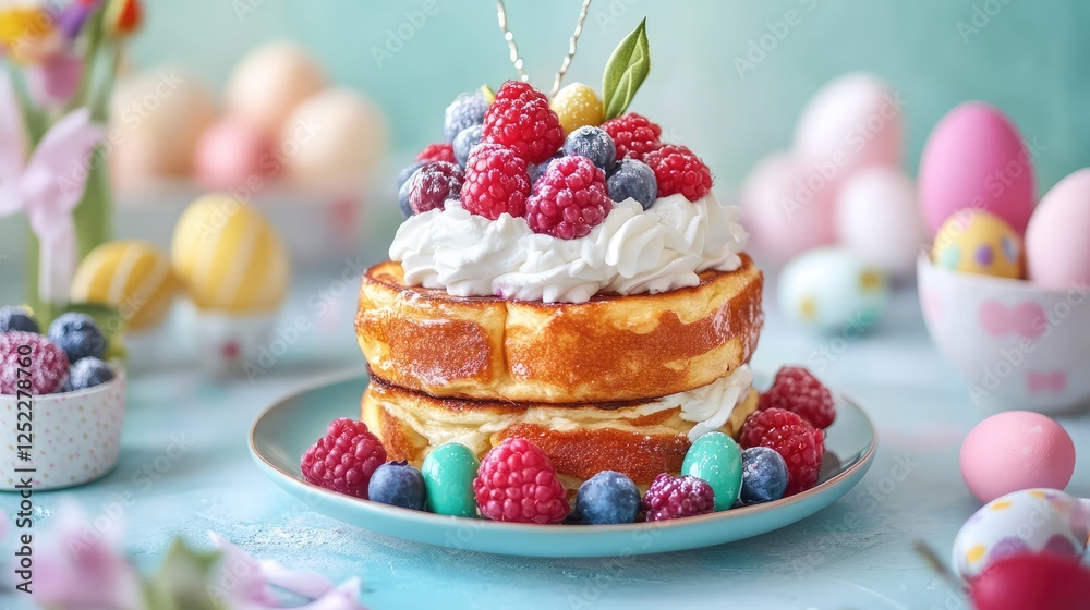 A festive Easter brunch with golden-brown French toast topped with whipped cream and berries, with a blurred pastel background. A festive Easter brunch with golden-brown French toast topped with whipped cream and berries, with a blurred pastel background.