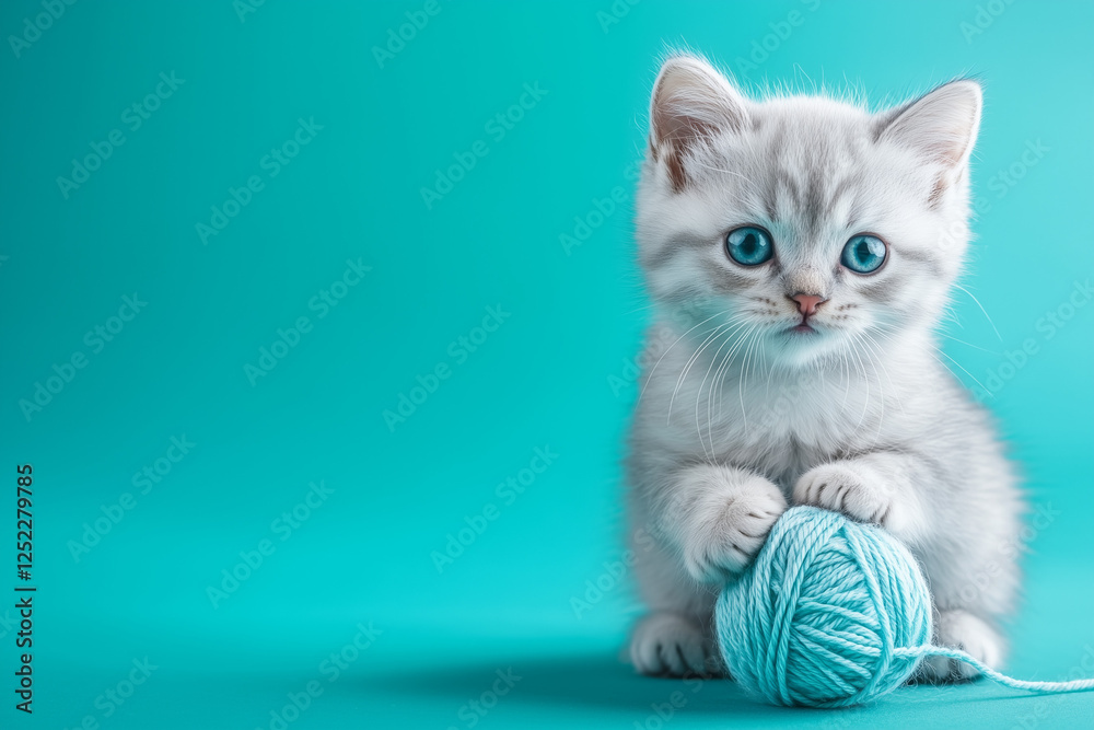 Fototapeta premium Cat playing with yarn isolated on a bright color background