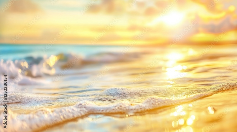 Obraz premium Golden Sunset Over Ocean Waves on Sandy Beach