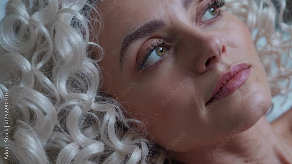 Close-Up of a Serene Woman with Curly Blonde Hair Close-Up of a Serene Woman with Curly Blonde Hair