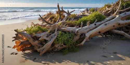 Driftwood fragment tangled with Baltic Sea seaweed, baltic sea, tree, water