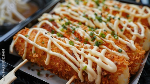 Crispy fried snacks drizzled with creamy sauce and garnished with green onions, served in a black container photo