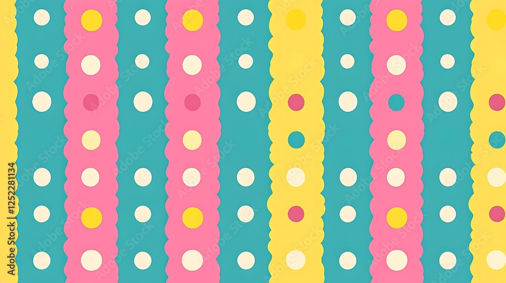 Colorful striped pattern with polka dots and scalloped edges Colorful striped pattern with polka dots and scalloped edges
