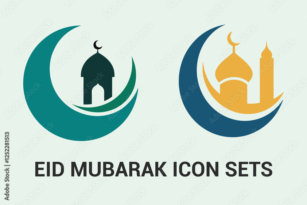 Fototapeta premium Eid Mubarak Icon Set – Islamic Symbols, Mosque, Crescent