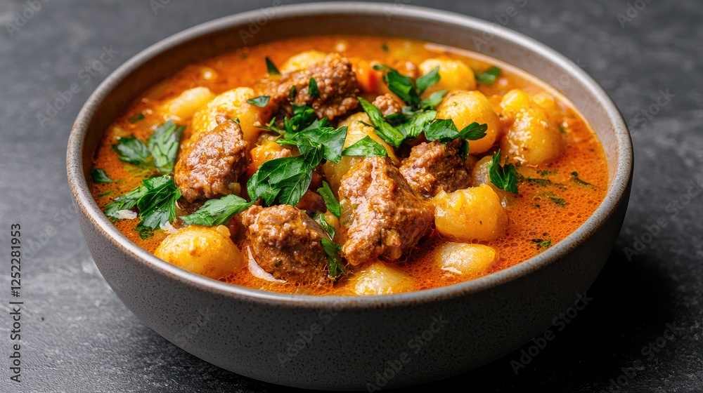 Bowl of Hearty Meat and Potato Soup on Dark Tabletop Bowl of Hearty Meat and Potato Soup on Dark Tabletop