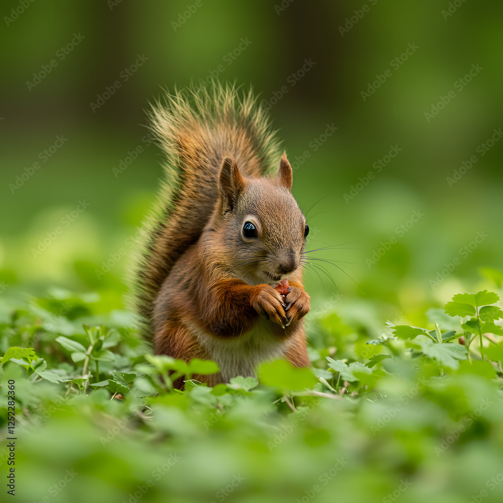 Cute red squirrel, Sciurus vulgaris, eating a nut in a green spring forest with copy space. Lovely wild animal with long ears and fluffy tail feeding in ... Cute red squirrel, Sciurus vulgaris, eating a nut in a green spring forest with copy space. Lovely wild animal with long ears and fluffy tail feeding in ...
