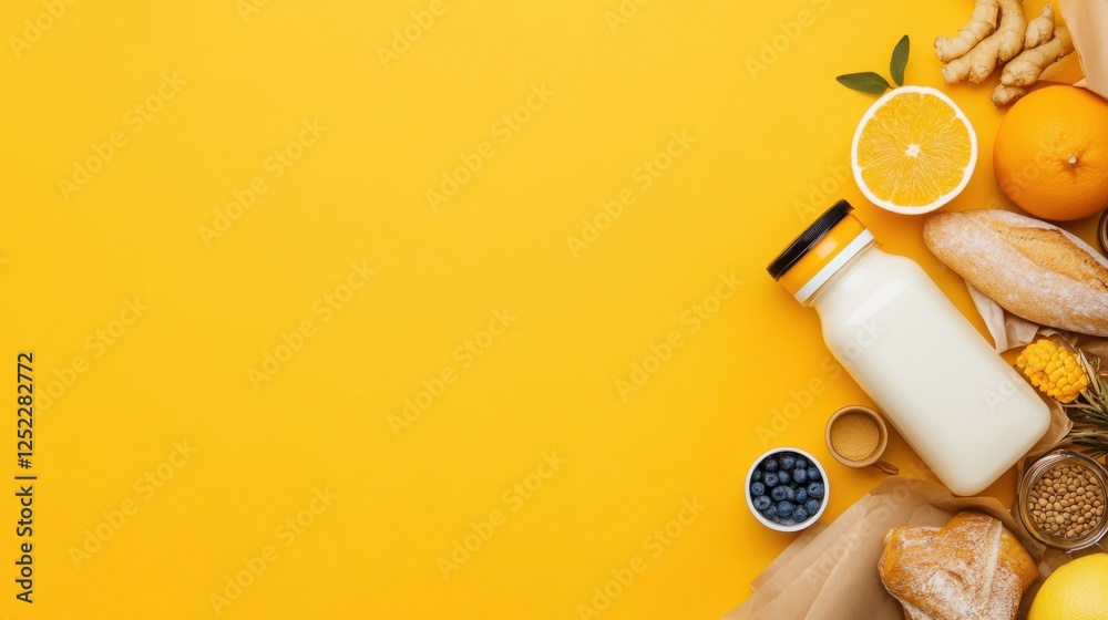 Fresh Milk and Healthy Ingredients on Vibrant Yellow Background Fresh Milk and Healthy Ingredients on Vibrant Yellow Background