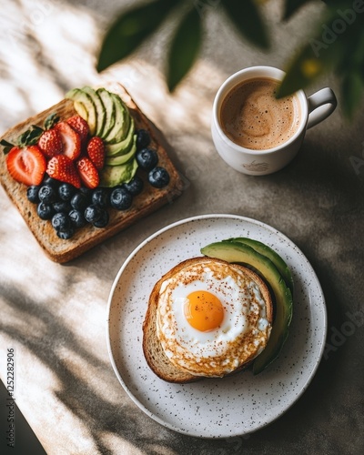 A minimalist flat lay of a modern cafe breakfast, including a cappuccino with latte art, an avocado toast with poached egg, and a fresh fruit parfait, stylish and trendy morning vibes photo