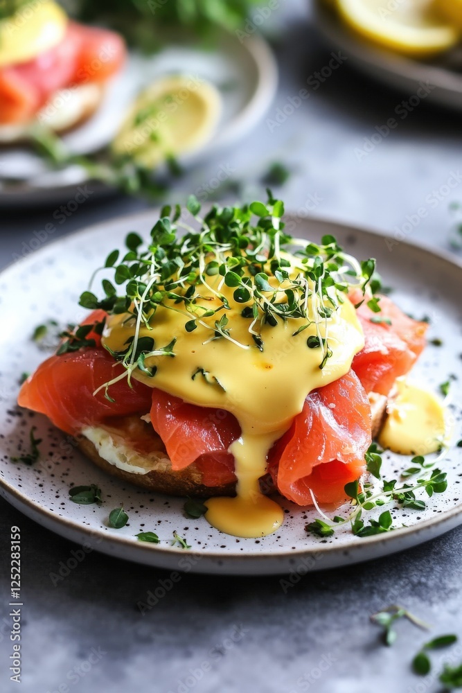 A modern brunch plate featuring eggs Benedict with smoked salmon, hollandaise sauce, and microgreens, plated beautifully on a ceramic dish A modern brunch plate featuring eggs Benedict with smoked salmon, hollandaise sauce, and microgreens, plated beautifully on a ceramic dish