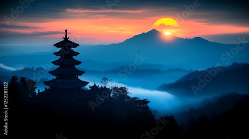 Serene Sunrise Pagoda Mountain Landscape