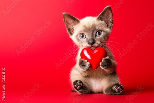 Cute burmese kitten cub with fluffy red heart - sign of love, funny greeting card. Digital ads idea art. Burmese - my desired cat. Kitten valentine picture. Cute kitten february photo.