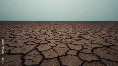 Dull and lifeless landscape of cracked brown soil, bleak scenery, withered trees