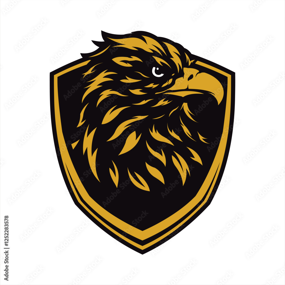 Fototapeta premium Beautiful golden feathered eagle head inside security shield illustration logo design