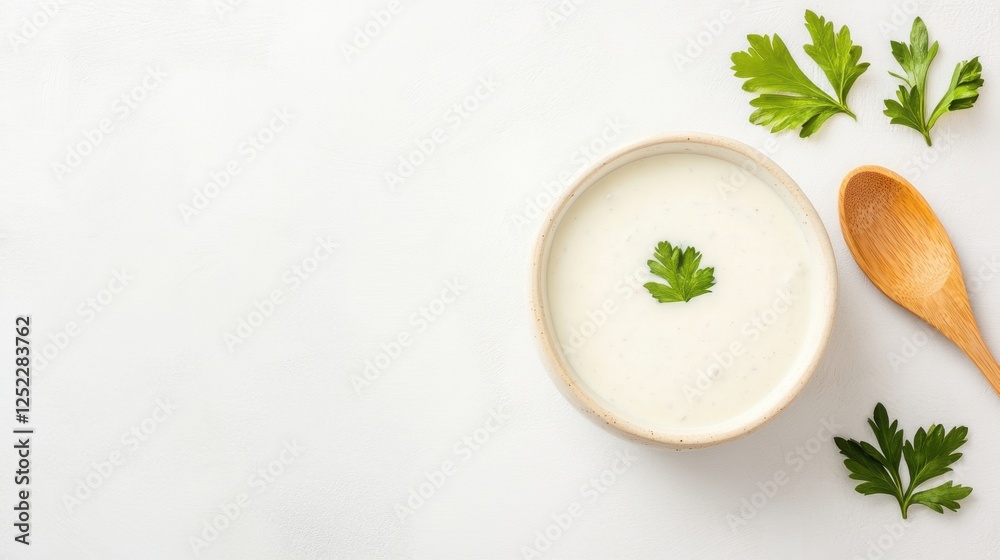 Creamy Sauce in Bowl with Fresh Parsley on White Background Creamy Sauce in Bowl with Fresh Parsley on White Background
