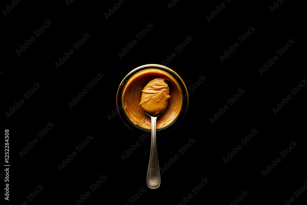 Jar of peanut butter with a spoon dipped in it isolated on a black background Jar of peanut butter with a spoon dipped in it isolated on a black background