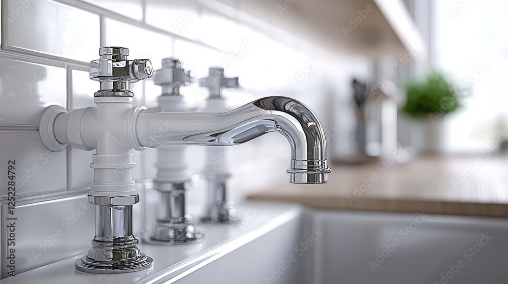 Sleek Chrome Kitchen Faucet on White Tile Wall Sleek Chrome Kitchen Faucet on White Tile Wall