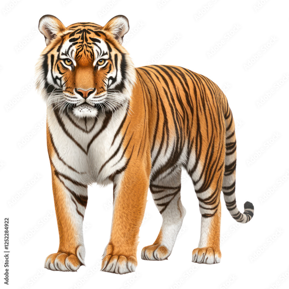 Bengal tiger stands majestically with striking orange fur and bold black stripes, showcasing its powerful presence and beauty