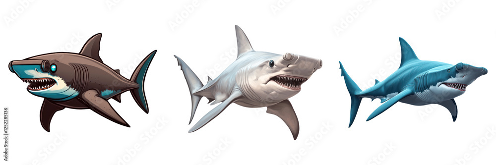 Obraz premium Hammerhead sharks various colors and s swimming deep sea habitat. Their unique shapes and features evoke sense of wonder