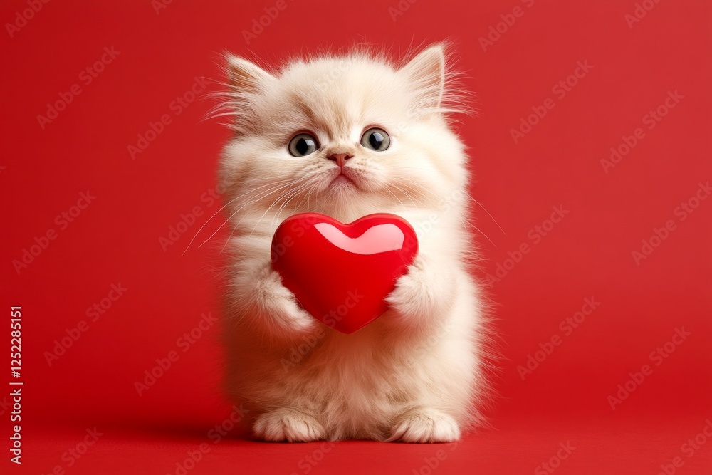 Persian - my desired cat. Cute persian baby feline with domestic animal toy red heart - symbol of love, funny greeting card. Ad creative. Adorable love kitten. Valentine's pet wallpaper. Persian - my desired cat. Cute persian baby feline with domestic animal toy red heart - symbol of love, funny greeting card. Ad creative. Adorable love kitten. Valentine's pet wallpaper.