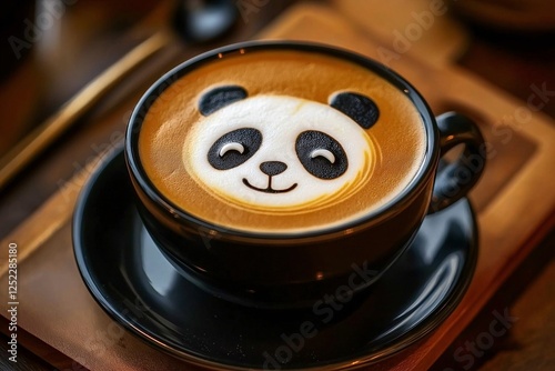 A whimsical and delightful panda-shaped latte art design in a coffee cup, perfect for adding a touch of creativity to your morning beverage.