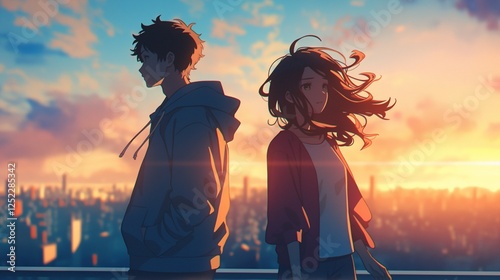 Two anime-style characters stand side by side, gazing at a scenic sunset with warm hues of orange and pink in the sky, their silhouettes softly illuminated by the light.