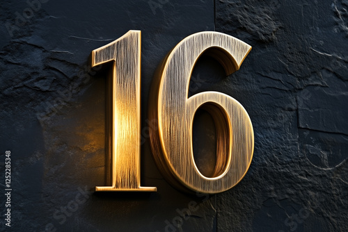 A brushed gold number 16 on a flat midnight black background, glowing faintly from soft side lighting.