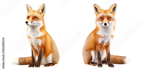 red fox sits gracefully woodland habitat, showcasing its vibrant fur and keen expression. This charming animal embodies