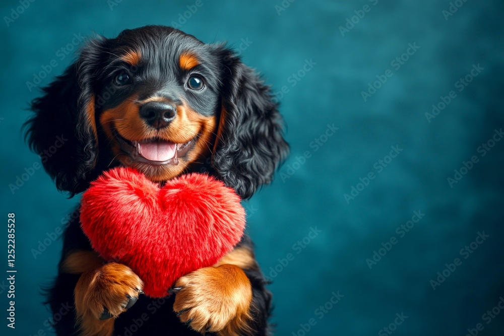 Promotion creative. Gordon setter - my preferred dog. Cute gordon setter pooch with fluffy red heart - emblem of love, funny greeting card. Valentine's dog decorations. Dog with love sign. Promotion creative. Gordon setter - my preferred dog. Cute gordon setter pooch with fluffy red heart - emblem of love, funny greeting card. Valentine's dog decorations. Dog with love sign.
