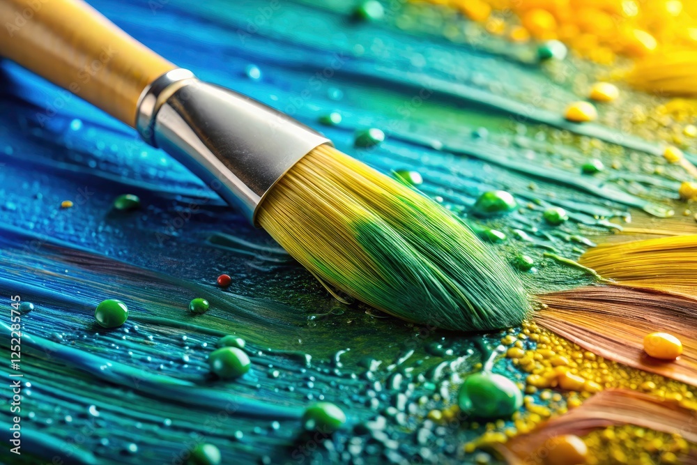 Studio shot: A wet acrylic brush, vibrant yellow, green, and blue hues, create a colorful canvas. Studio shot: A wet acrylic brush, vibrant yellow, green, and blue hues, create a colorful canvas.