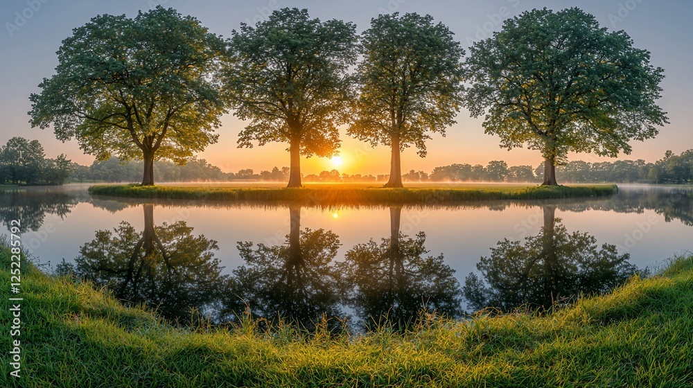 Obraz premium Sunrise over a lake with trees mirrored in the water, serene morning landscape