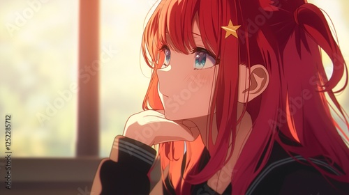 A captivating illustration of a female anime character with long flowing red hair, set against a vibrant and colorful background.