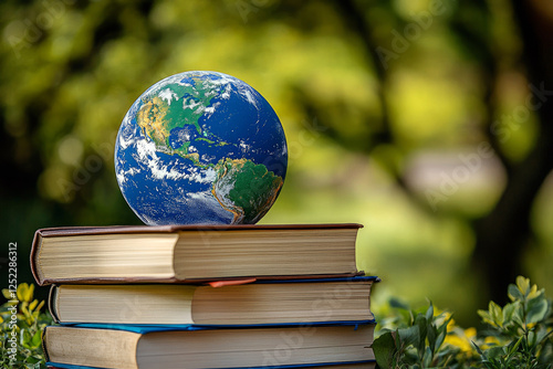 Global education symbolized by a realistic Earth model resting on stacked vintage books, representing knowledge and learning photo